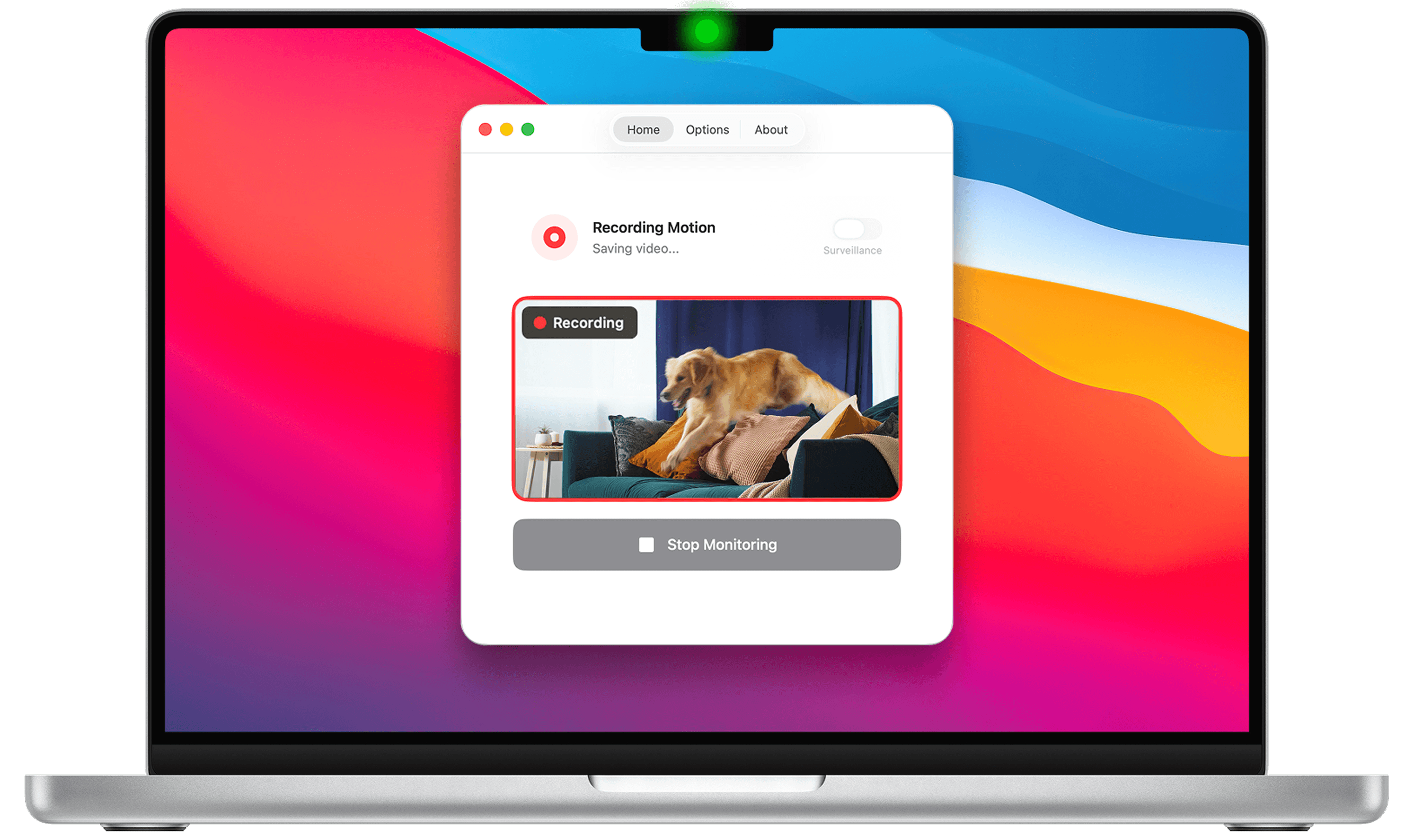 SpyCam application interface showing motion detection and security monitoring features